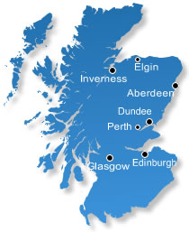 Map of Scotland showing area covered by Northern Accident Management taxi replacement service